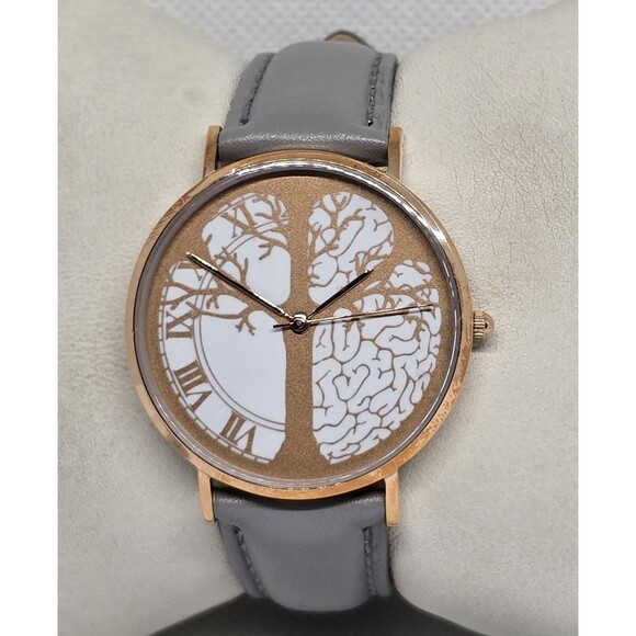 Accessories - Women's Time Peace Tree of Life Rose Gold Tone Gray Leather Strap Watch 13